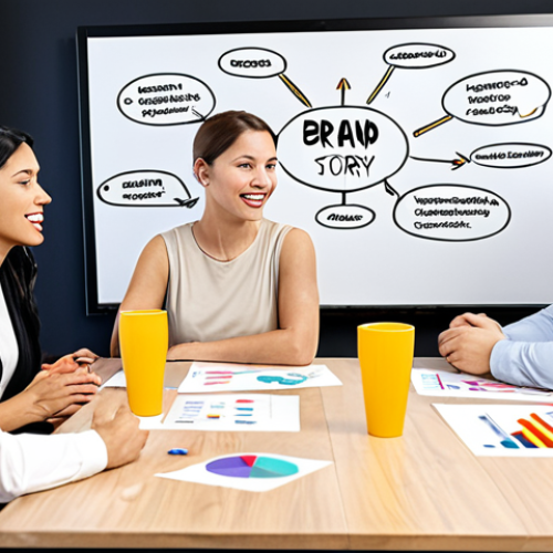 ** A group of diverse people collaborating around a table, brainstorming brand identity. The scene should be bright and energetic. A whiteboard displays a customer persona (image of an ideal customer), a brand story diagram, and target demographics visualized with charts. The overall feeling is collaborative and strategic.

**
