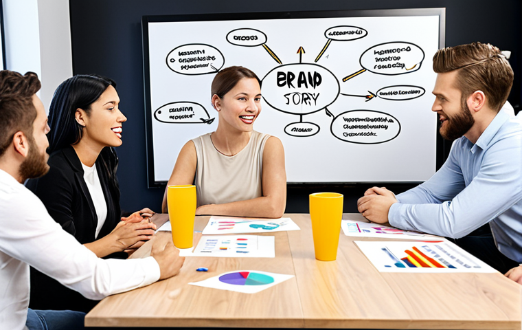 ** A group of diverse people collaborating around a table, brainstorming brand identity. The scene should be bright and energetic. A whiteboard displays a customer persona (image of an ideal customer), a brand story diagram, and target demographics visualized with charts. The overall feeling is collaborative and strategic.

**