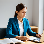 A professional individual, fully clothed in modest business casual attire, seated attentively at a modern, minimalist desk in a well-lit co-working space. They are focused on an open laptop, with a professional business book positioned nearby. The environment is clean and conducive to learning. The image emphasizes diligent study and continuous professional development. Perfect anatomy, correct proportions, well-formed hands, and a natural pose. High-resolution professional photography, natural lighting, safe for work, appropriate content, family-friendly, professional dress, appropriate attire.