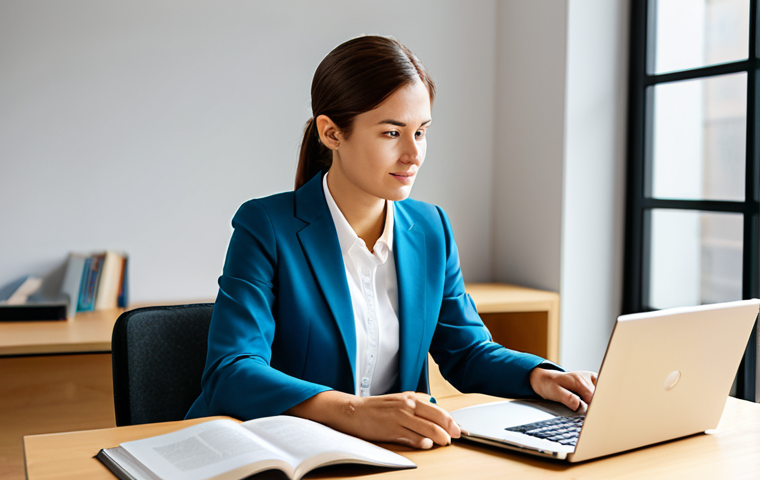 A professional individual, fully clothed in modest business casual attire, seated attentively at a modern, minimalist desk in a well-lit co-working space. They are focused on an open laptop, with a professional business book positioned nearby. The environment is clean and conducive to learning. The image emphasizes diligent study and continuous professional development. Perfect anatomy, correct proportions, well-formed hands, and a natural pose. High-resolution professional photography, natural lighting, safe for work, appropriate content, family-friendly, professional dress, appropriate attire.