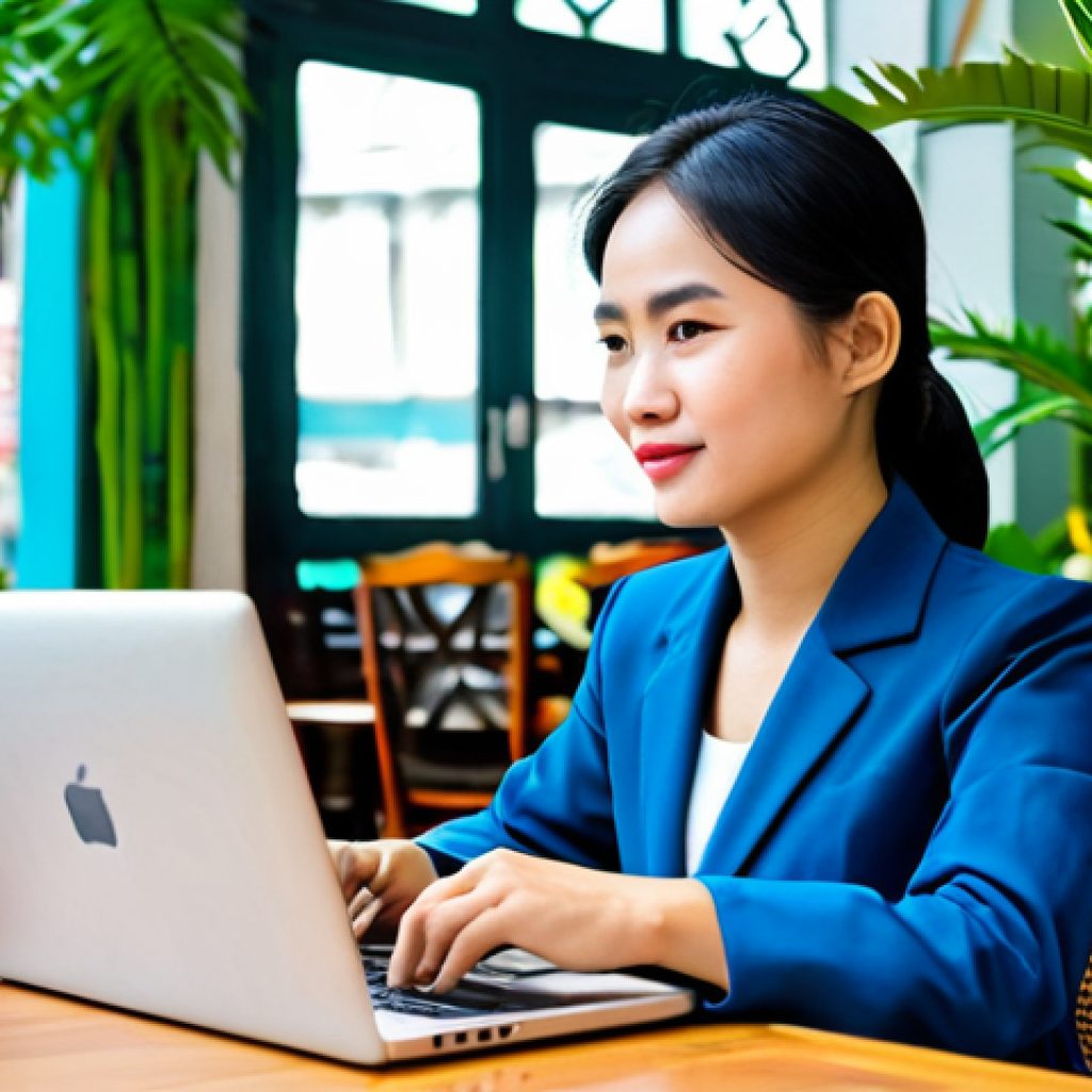 **

"A successful Vietnamese businesswoman in a modern áo dài (fully clothed, modest), confidently working on a laptop at a bustling cafe in Ho Chi Minh City, surrounded by tropical plants, professional, vibrant colors, safe for work, perfect anatomy, natural proportions, appropriate attire."

**
