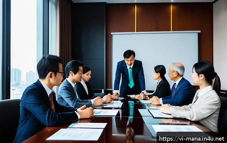 경영지도사와 국제 비즈니스 매너 - A diverse international business meeting in a modern office setting in Ho Chi Minh City, Vietnam, fe...