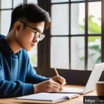 Home 21 경영지도사 필기시험 단기 학습법 - A focused young Vietnamese student studying at a wooden desk in a cozy room during early morning hou...