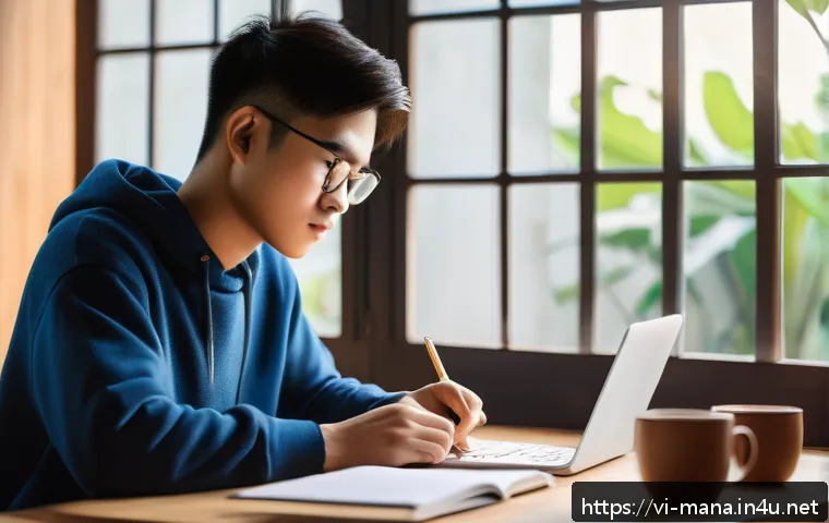 경영지도사 필기시험 단기 학습법 - A focused young Vietnamese student studying at a wooden desk in a cozy room during early morning hou...